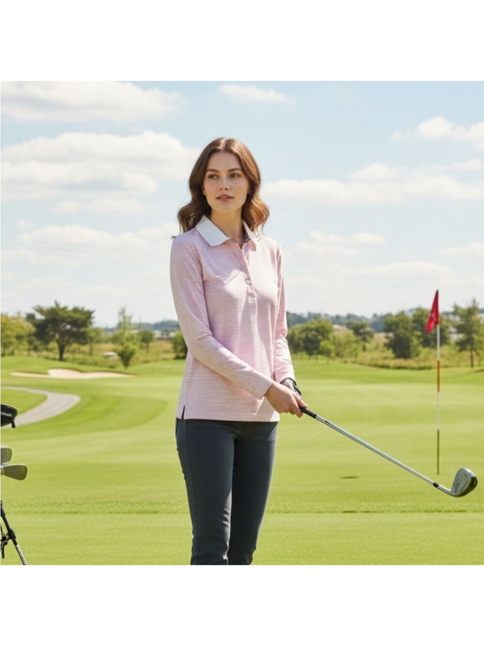 Aquascutum London Women’s Stretch Golf Polo Shirt Pink and White Sz Small